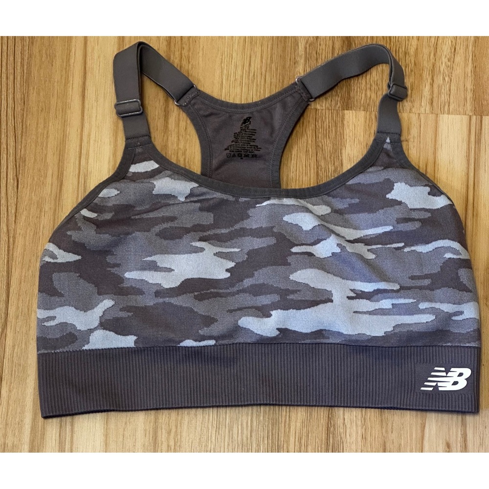 New Balance Womens XL Grey Camo Racerback Sports Bra Adjustable Straps Workout